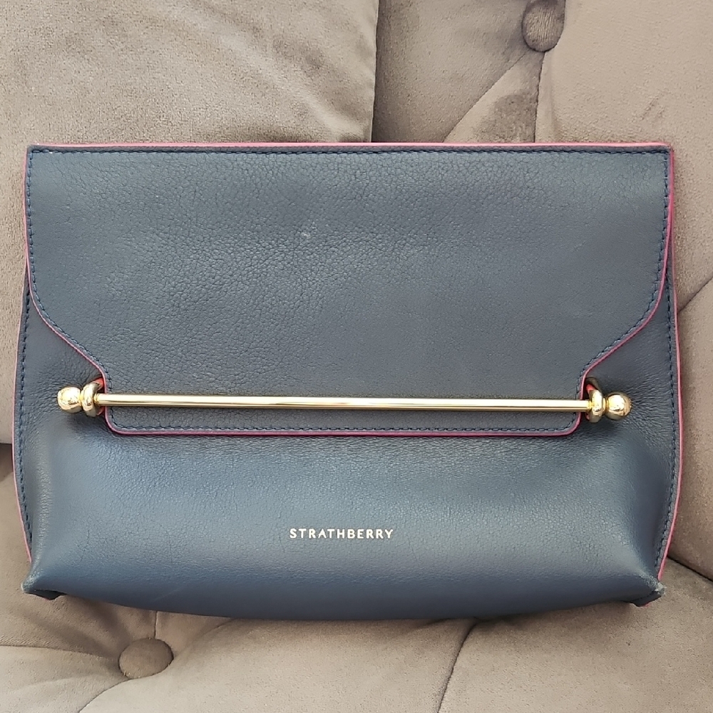 Strathberry Stylist Navy Leather Envelope Clutch Crossbody $445 Retail